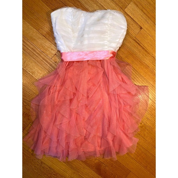 Teeze Me Strapless Party Dress Ruffle Tulle Pink Ribbon White‎ Size 9 - Picture 1 of 7